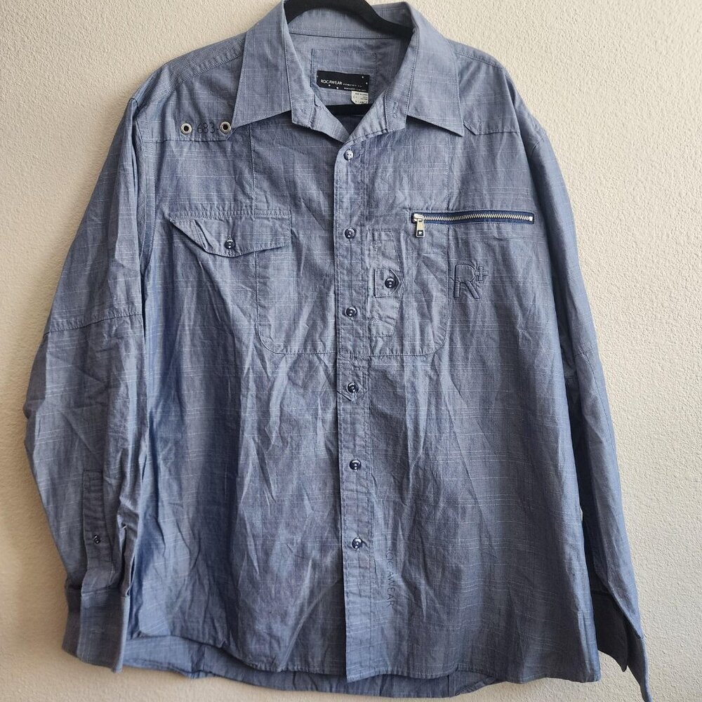 Rocawear Shirt Mens XL Blue Long Sleeve Button Up Utility Streetwear 106830